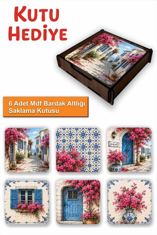 Alaçatı Esintisi Set of 6 Mdf Coasters – with Wooden Storage Box 9X9 cm
