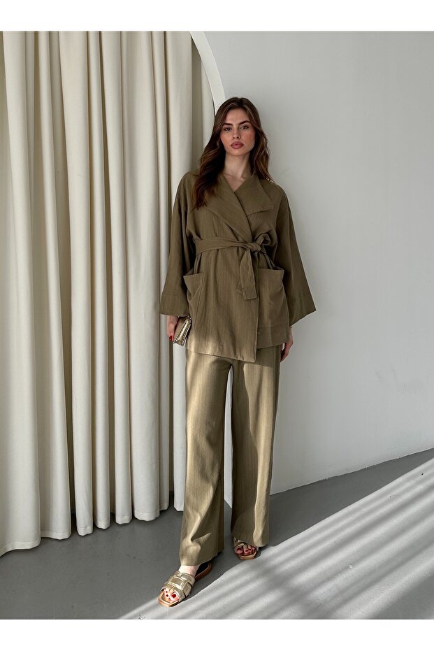 Khaki Romna Raw Linen Jacket and Trousers Set - 2Y8447