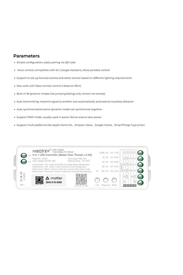 وحدة تحكم MLZ5 Miboxer MLZ5 DC12-48V 5 في 1 مع تقنية Matter عبر WiFi+2.4GHz وتطبيق Tuya للتحكم عبر WiFi أحادي/ثنائي القنوات