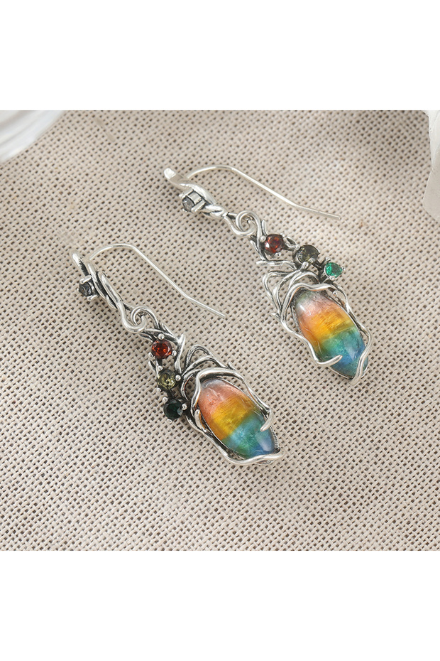 A811-1 Bohemian Retro Style Synthetic Opal Dangle Hook Earrings Silvery Color Hollow Plants Earring