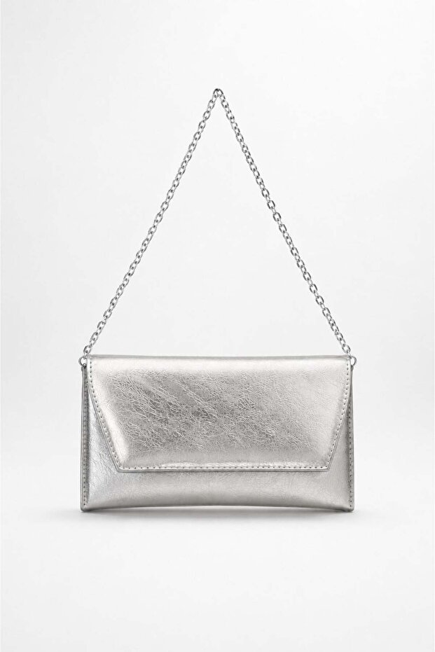 Metallic Silver Bag with Leather Look Chain Strap Women's Hand and Shoulder Bag - Stylish Portfolio Clutch