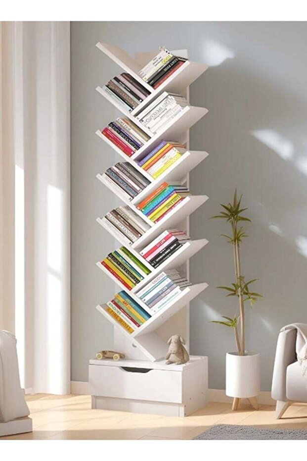 CozyNest Tree-Shaped Wooden Bookshelf, Multi Tier Floor Standing Bookcase Storage Organizer Open Shelf Book Rack