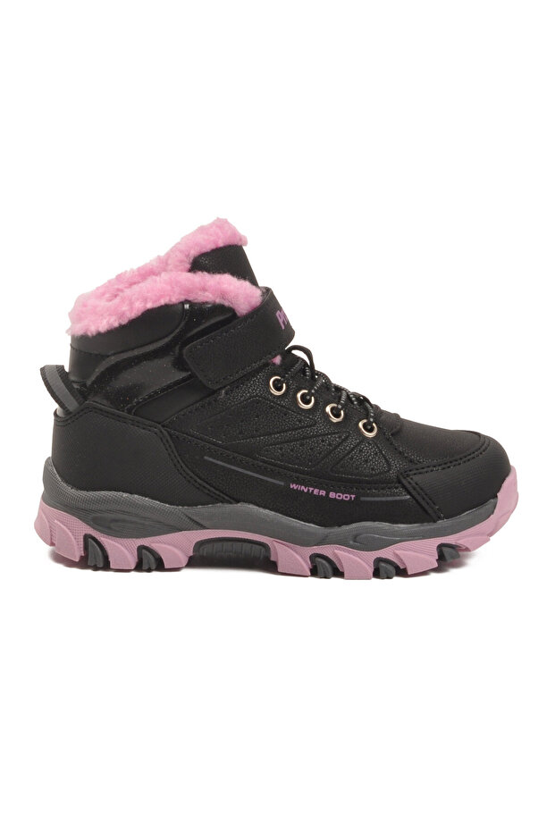 Black-Pink Furry Velcro Girls' Boots 2082 P