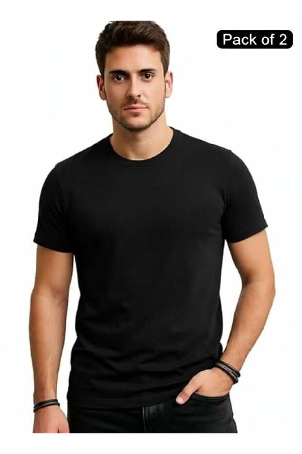 Code Yellow Pack of 2 Premium Cotton Round Neck T-Shirt 180 GSM Bio-Washed Black Half Sleeve