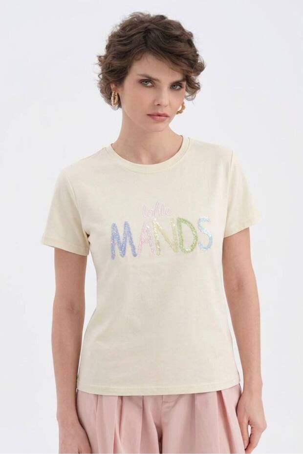 Women's 100% cotton sequin embroidered detail short sleeve t-shirt