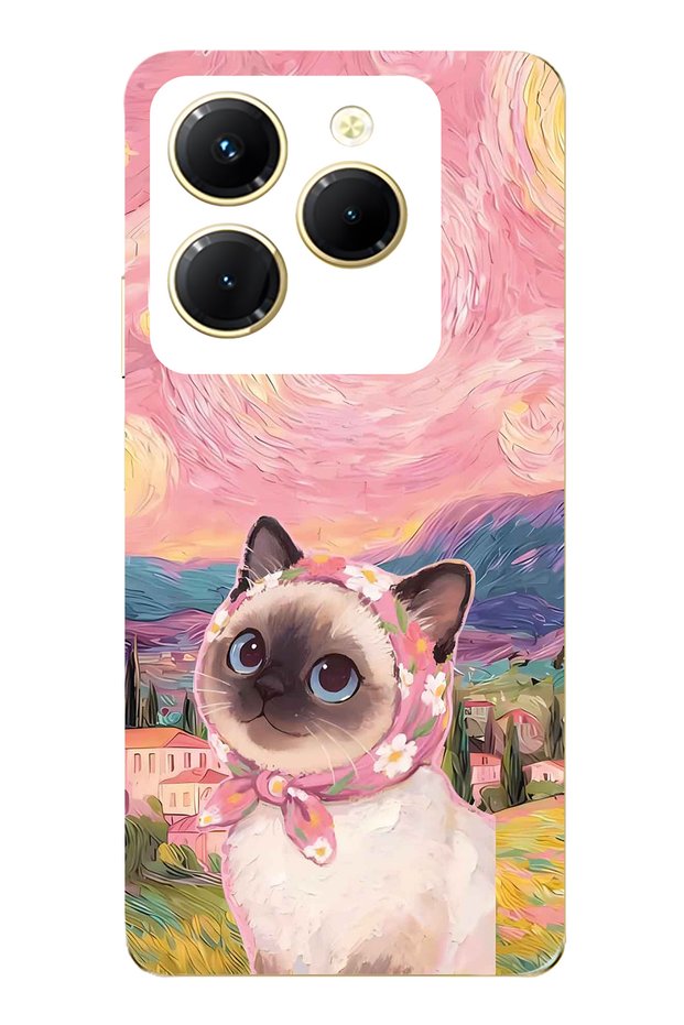 Infinix Hot 40I Compatible Van Gogh Themed Cat Pattern Transparent Phone Case