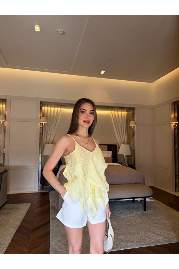 Strappy Ruffle Detailed Slim Blouse