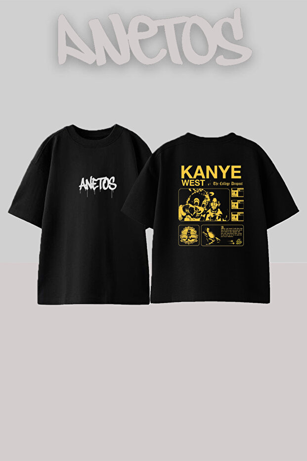 تي شيرت أسود كبير الحجم مطبوع بتصميم Dropout من Kanye West
