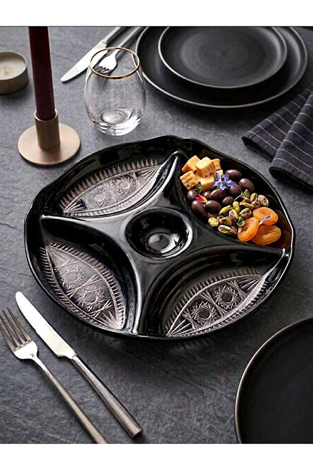 Premium Handmade Cut Crystal 4-Compartment Presentation Plate Snack Plate Mezelik 29 cm