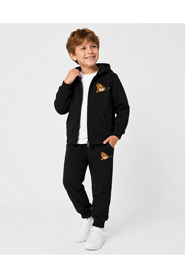Zippered Teddy Bear Printed Zippered Boys' Top and Bottom Tracksuit Set