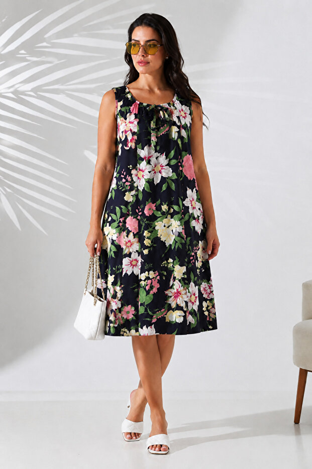 Sleeveless Tie Collar Combed Cotton Dress 629Pk