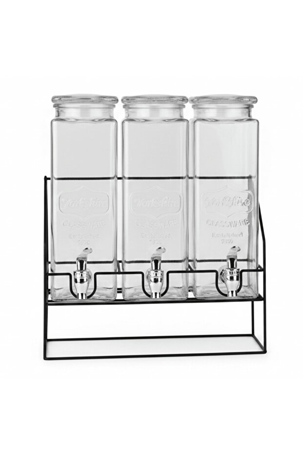 3 Pcs Classic Glass Beverage Dispenser Set with Metal Stand – 2.2 L Each