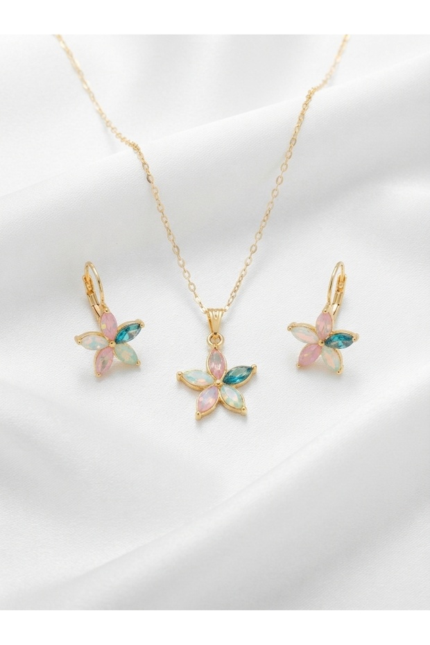 Women's Colorful Zircon Stone Flower Gold Necklace and Earring Set