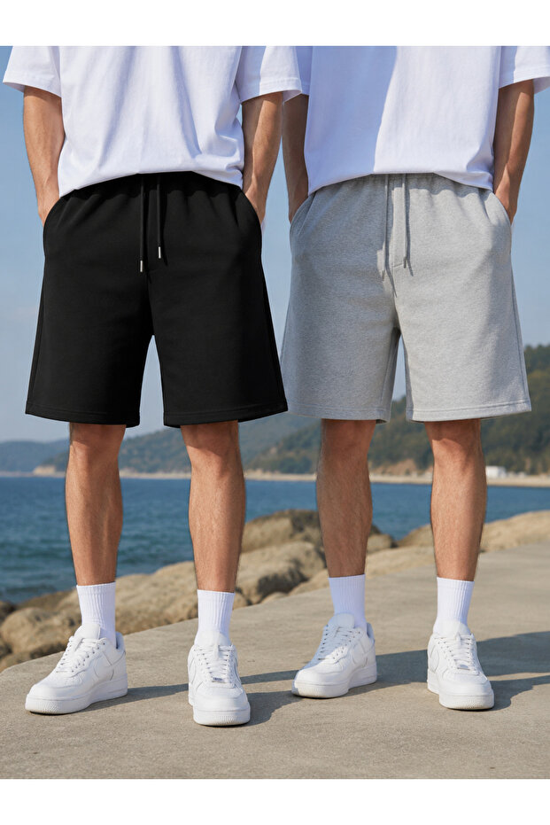 2-Piece Shorts Men's (Black-Grey) Basic Summer Shorts Set - Comfortable Fit Above the Knee 2-Piece Economic Package