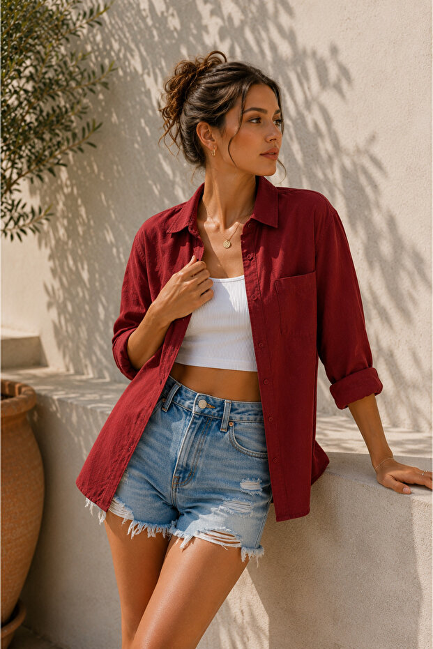 Women's Oversize Linen Textured Long Loose Shirt