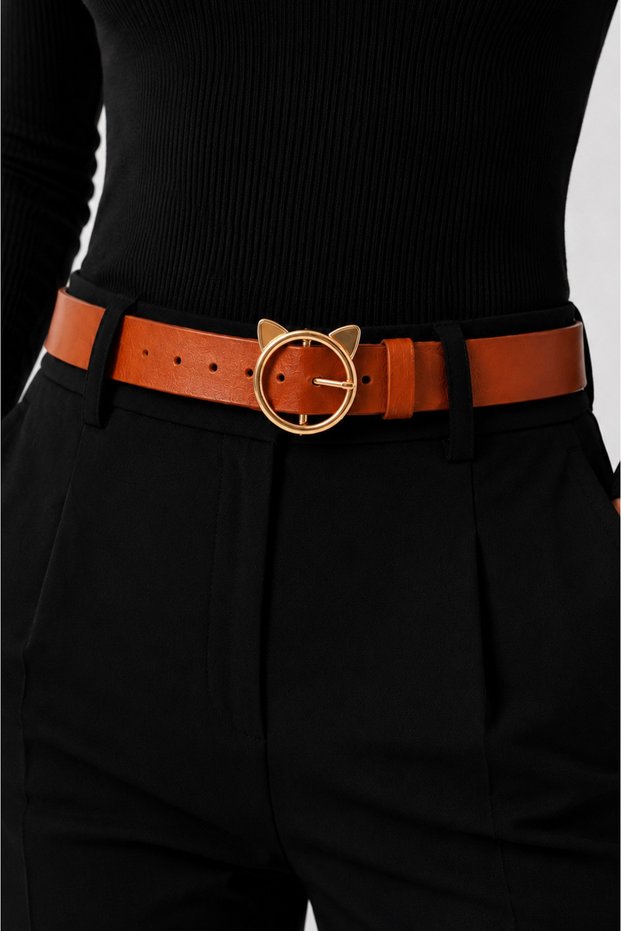 Women's Tan Cat Buckle Belt – Stylish Design with Gold Buckle