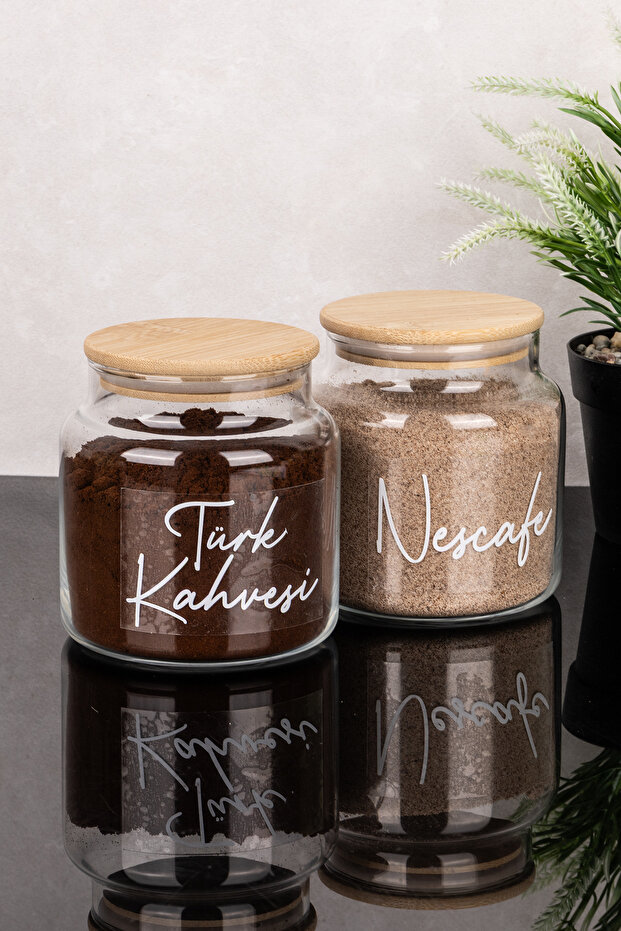 2-Piece 500 ml Coffee Set Jar with Bamboo Lid, Turkish Coffee Label Glass Jar Set