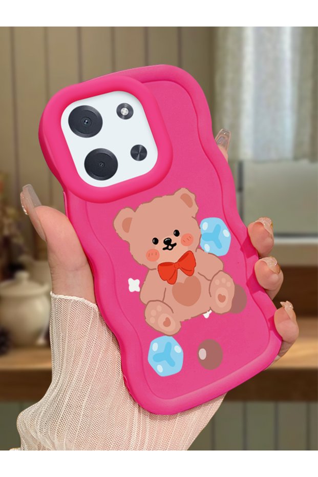 Poco C85 Compatible Case Camera Protector Red Silicone Couple Phone Case Bear Pattern