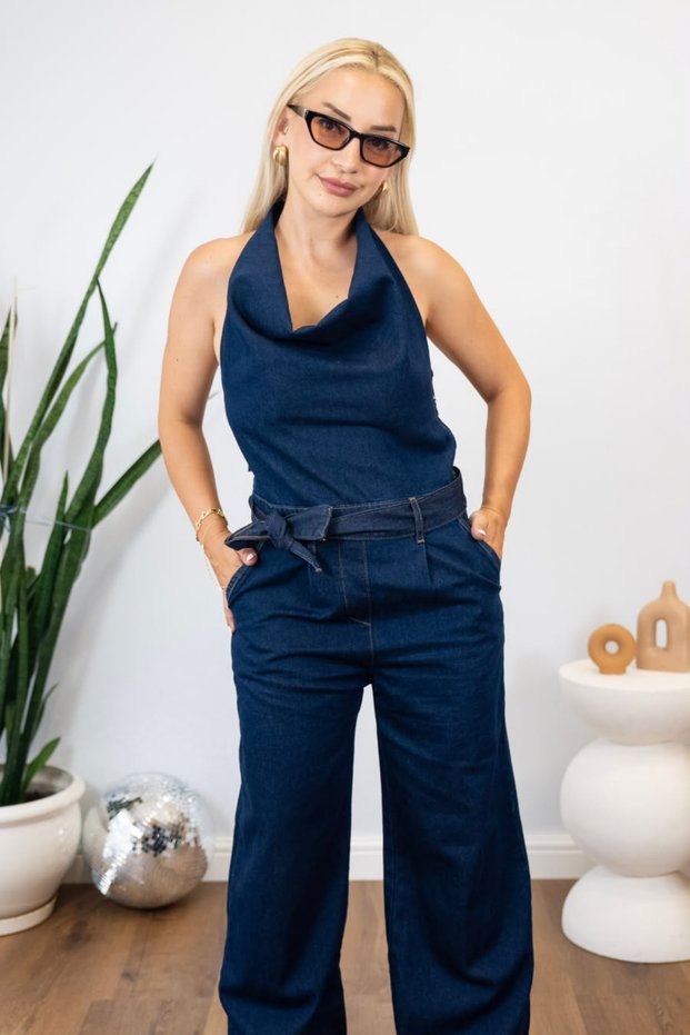 Denim Halter Neck Belted Wide Leg Women's Dress - Navy Blue