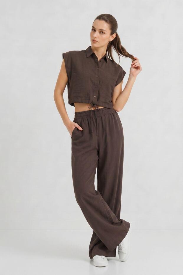 Bitter Brown Pocketed Crop Shirt Trousers Set 7157