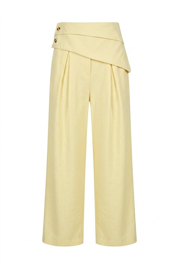 Yellow High Waist Asymmetric Button-Detached Fabric Pleated Pants-