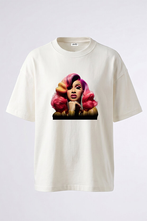 تي شيرت أبيض كبير الحجم مطبوع بتصميم Cardi B_12 للجنسين