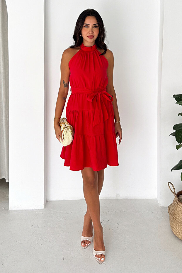 Women's Ecru Halter Neck Layered Mini Dress with Belt