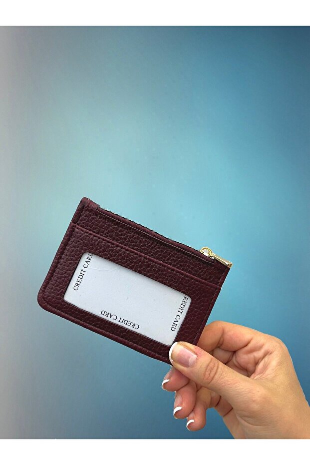 Four-Compartment Zipper Detailed Burgundy Leather Women's Card Holder
