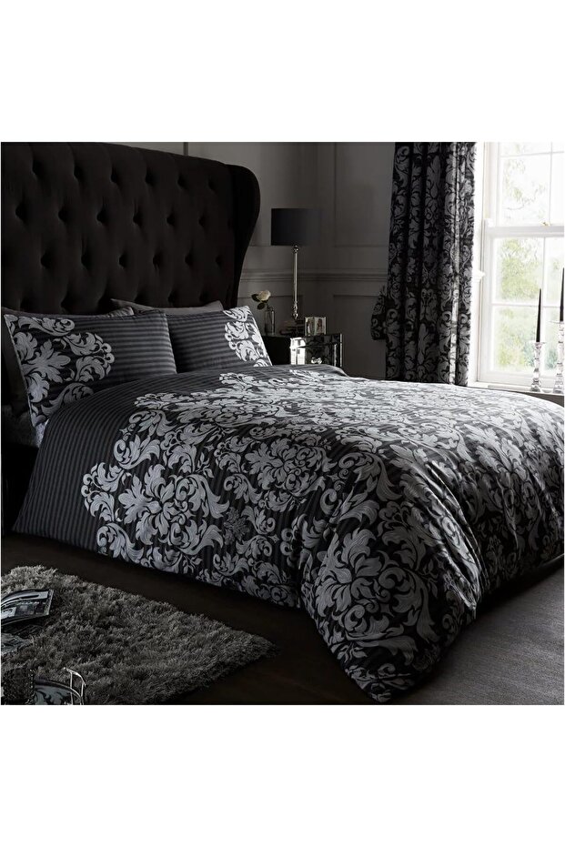 Damask Bedding Double Bed Set - Flower Duvet Cover - Comforter Covers With Pillow Cases - Black