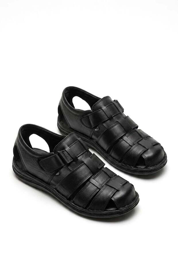 Elit 26Ysled180C Men's Genuine Leather Flat Sandals Black