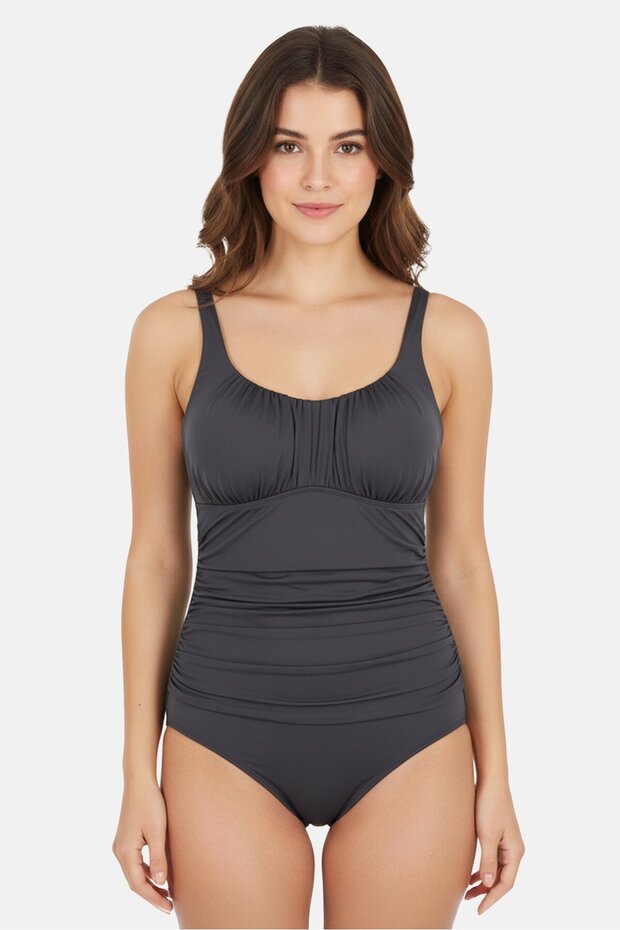 Women Plus Size Padded Plain One Piece Swimsuit, Dark Grey