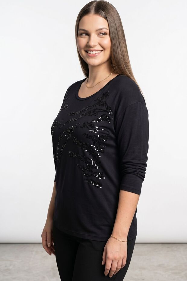 Black Crew Neck Basic Blouse with Sequin Embroidery on the Front - 21939