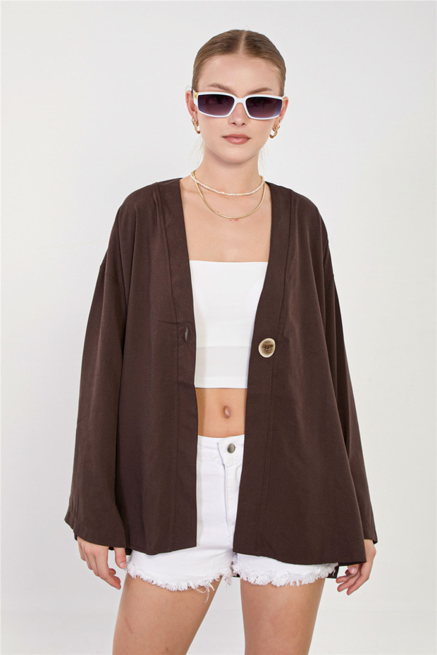 Women's Single Button Long Sleeve Jacket - Bitter Brown