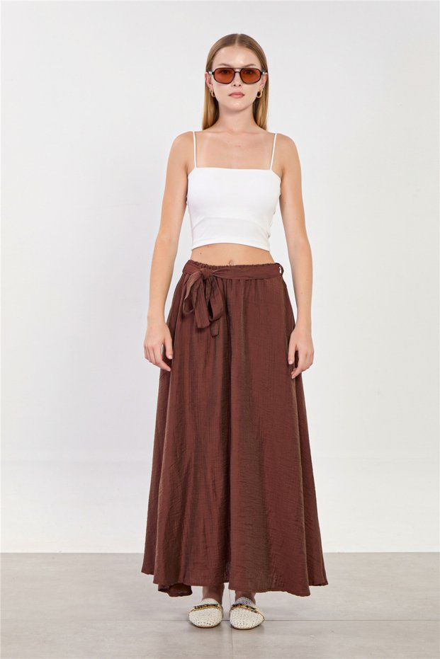 Women's Tie-Waist Shiny Voile Skirt - Bitter Brown