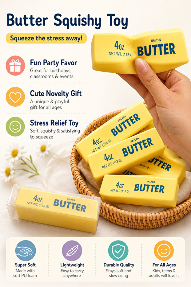 Butter Squishy Stress Relief Toy 4oz, Slow Rising Squeeze Fidget, Yellow Butter Stick with Box