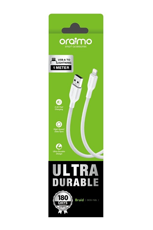 2.4A USB A to Lightning 1m Cable- Braid - White
