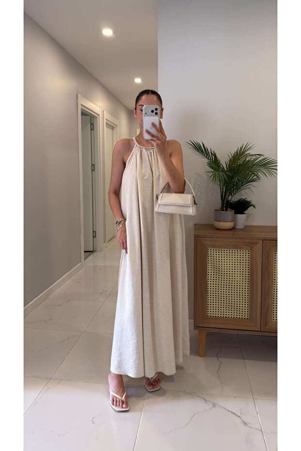 Votel Beige Hair Braid Detailed Lined Linen Dress