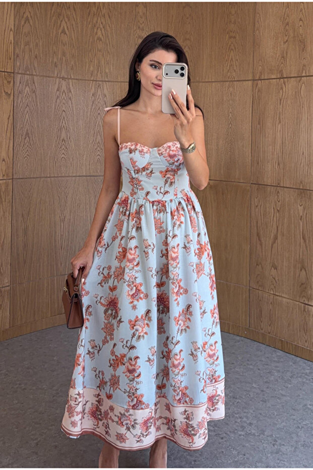 Blue-Orange Floral Patterned Linen Dress with Chest Underwire - 4218