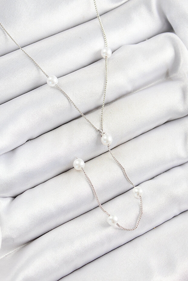 Y Model Silver Color Women's Necklace with Rice Pearl Figure