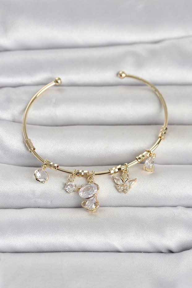 Gold Color Brass Cat Detailed Charm Women's Bracelet