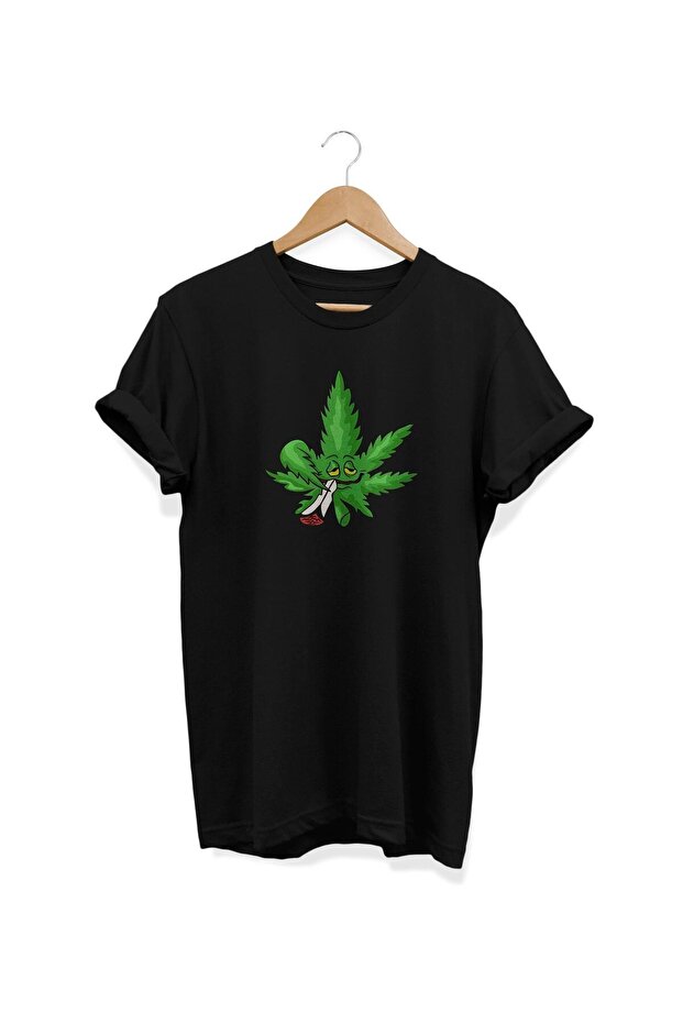 Leaf Printed Black T-Shirt