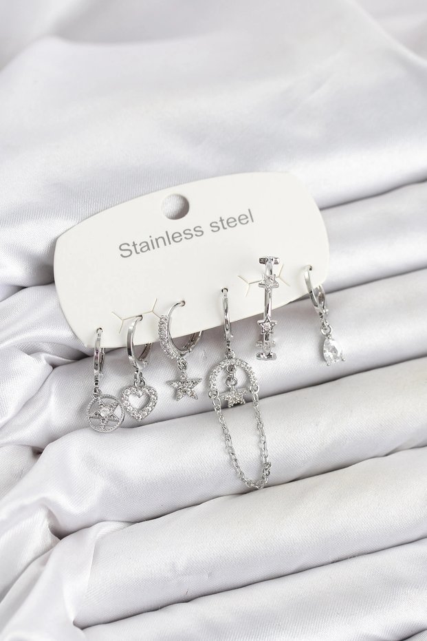 316L Steel Silver Color Zircon Stone Chain Detailed Women's Earring Set