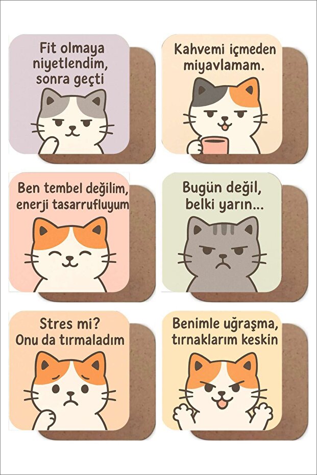 Cat Themed Set of 6 Wooden Coasters