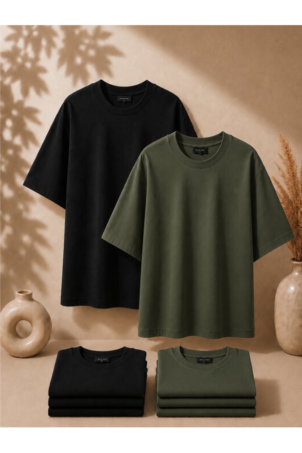 2-Pack Unisex Black-Khaki Oversize T-Shirt Set - Crew Neck Basic T-Shirt