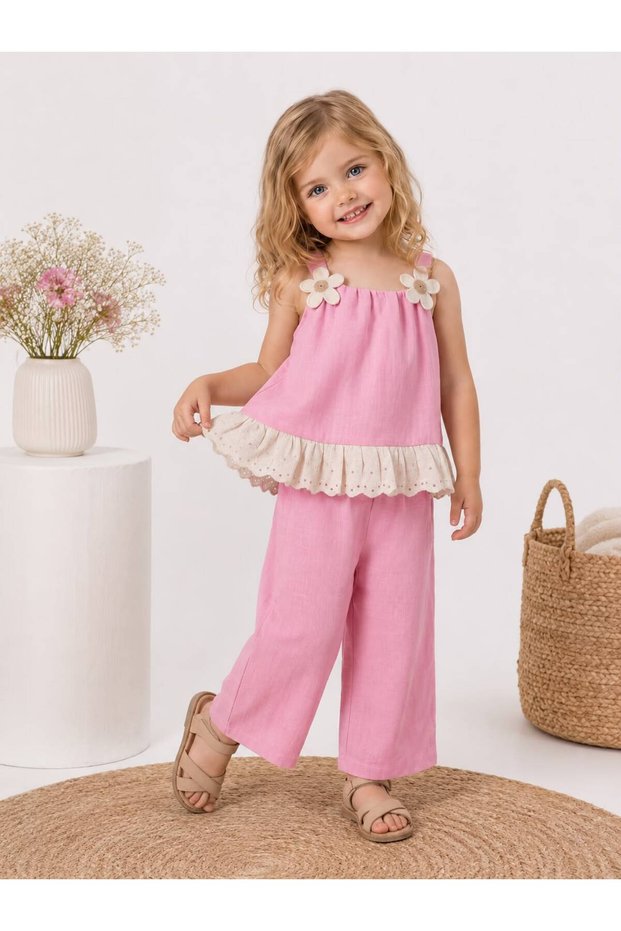 Girls' Daisy and Lace Detail Tank Top and Pants Set
