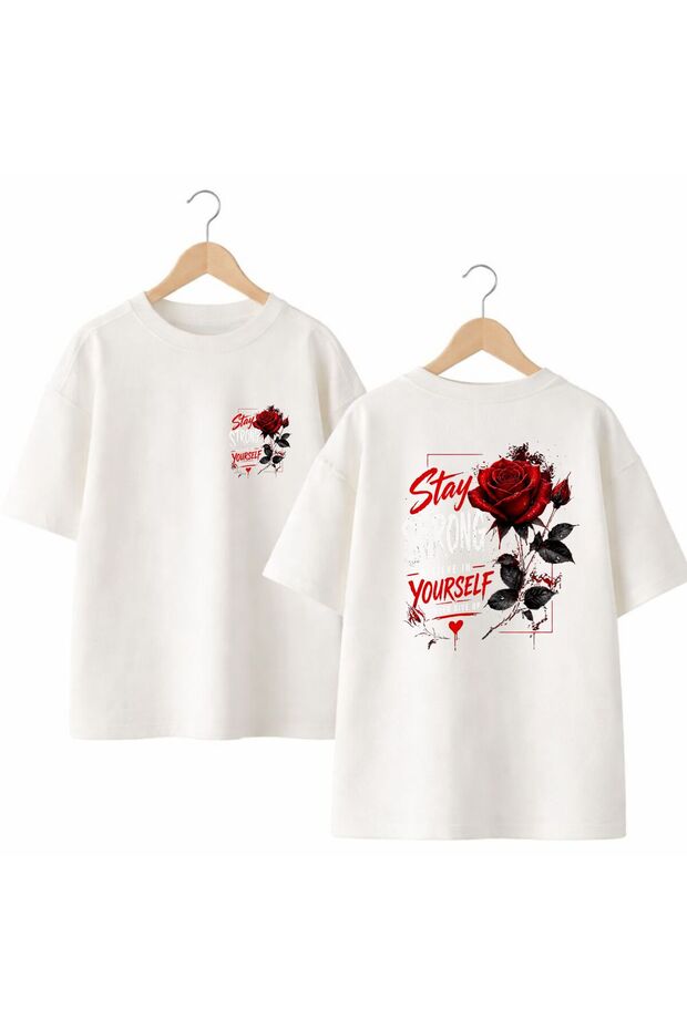Stay Strong Back and Front Chest Printed 100% Cotton Oversize Loose Regular Fit Crew Neck T-Shirt