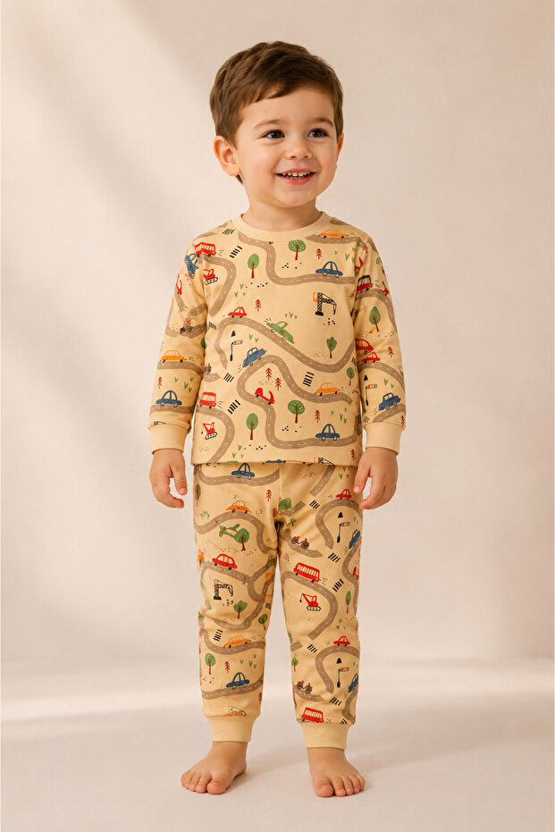 Boys' Car and Road Patterned Comfortable Fit Cotton Pajama Set