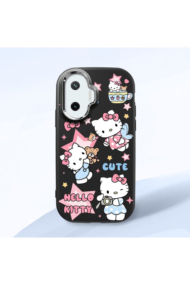 Poco F7 Compatible Case Camera Protector Black Silicone Couple Phone Case Kitty Patterned