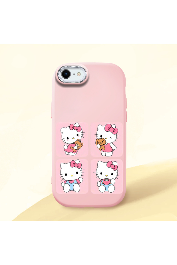 iPhone Se 2022 Compatible Case Camera Protector Pink Silicone Couple Phone Case with Kitty Pattern