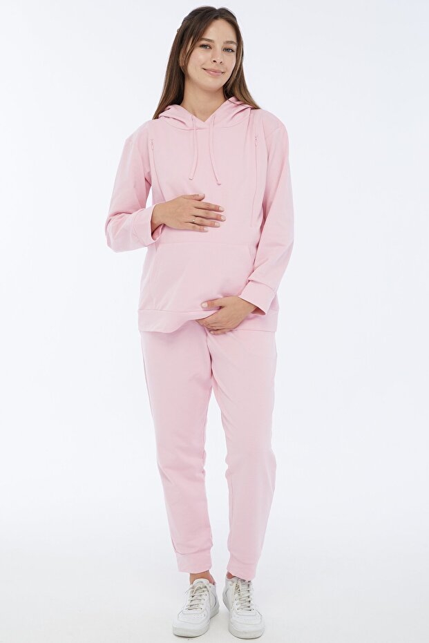 Pregnant Women's Cotton Hooded Maternity Tracksuit Set Pink-26202